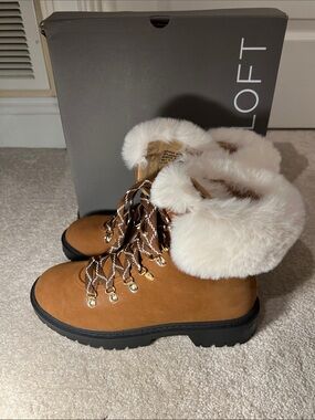 LOFT Tan Lace-Up Faux-Fur Collar Hiking Boots